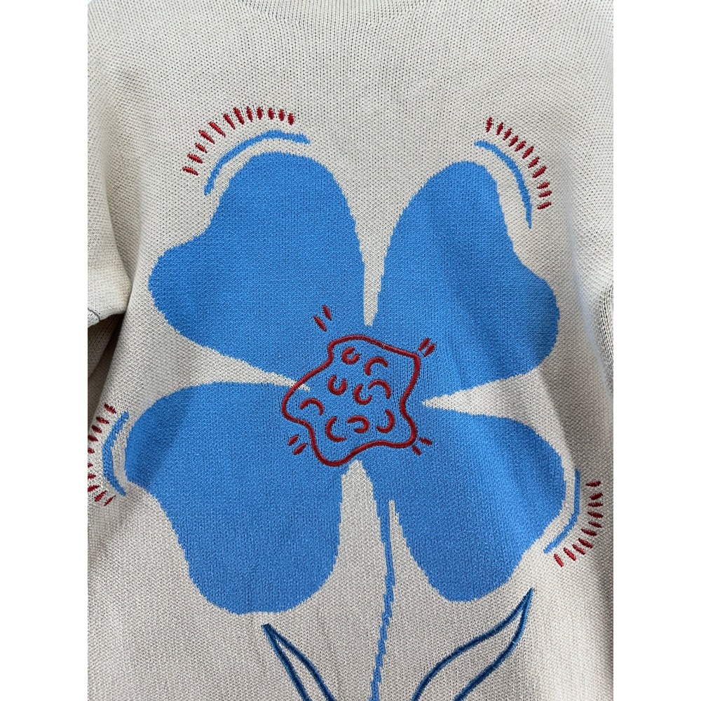 ASOS DESIGN Cream Blue Flower Intarsia Cotton Knit Sweater Small Oversized Mock - Picture 7 of 9